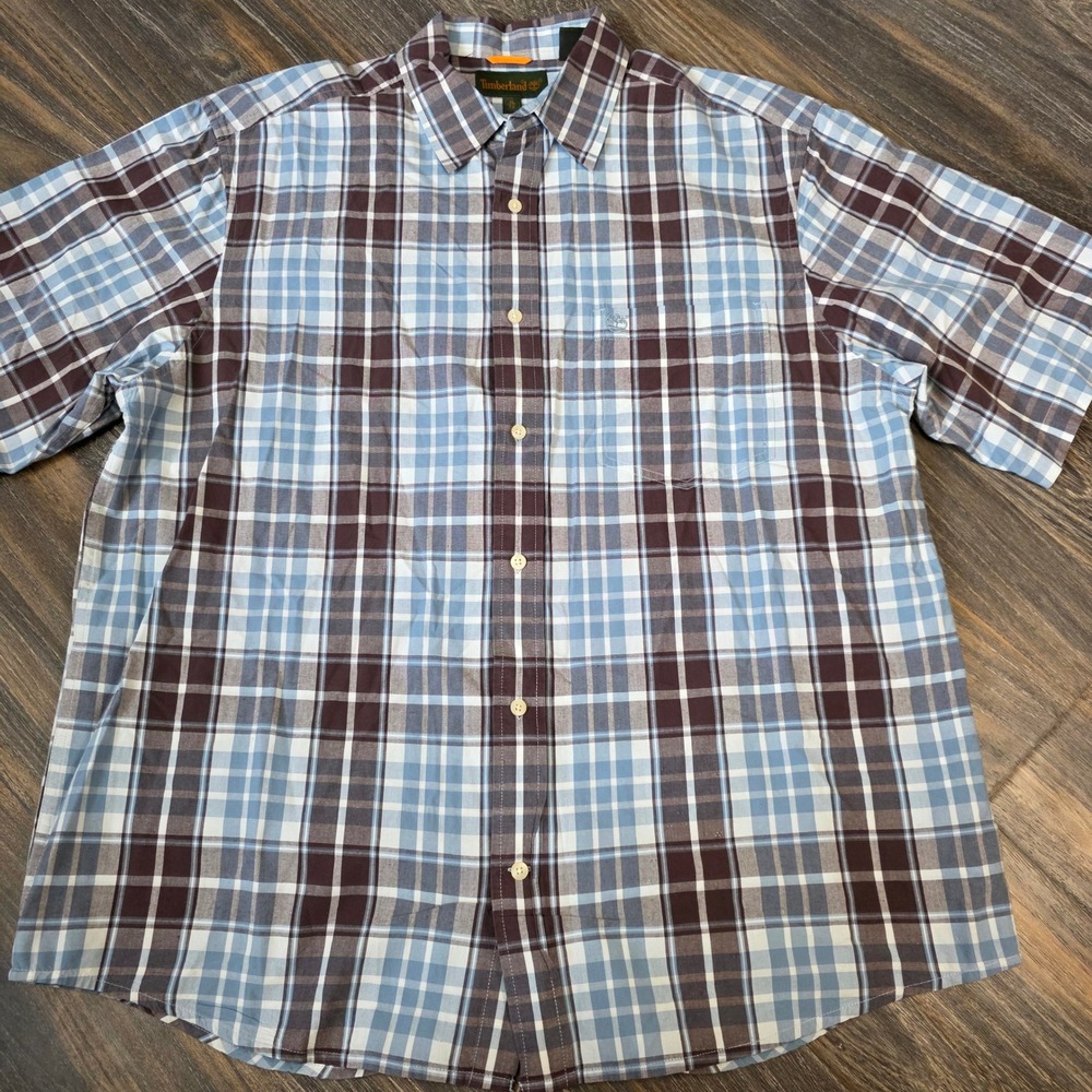 Timberland Mens Plaid Short‎ Sleeve Button Up Shirt XL Blue Brown Casual Outdoor